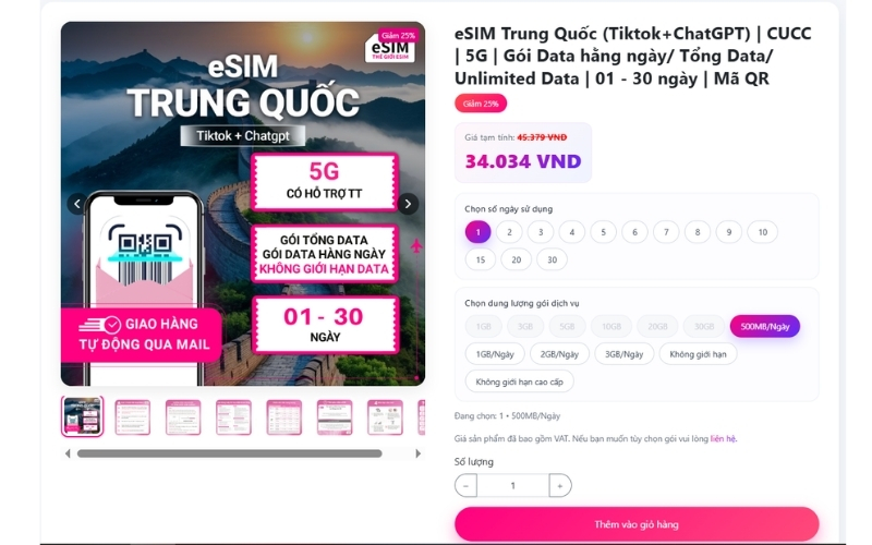 eSIM Trung Quốc dùng được TikTok chỉ từ 34.034 VND, kết nối 5G nhanh, tiện lợi và tiết kiệm